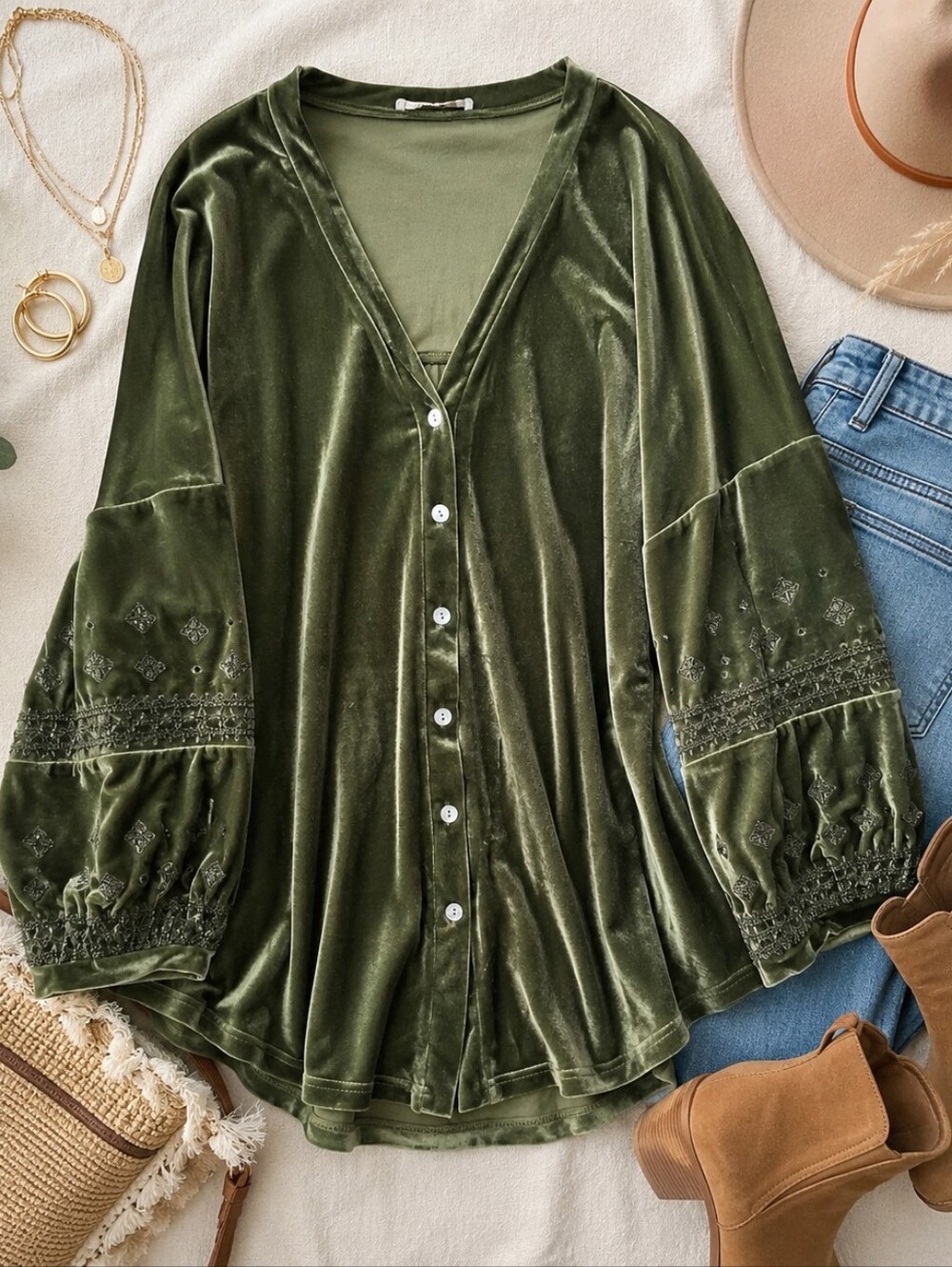 Green Velvet Button-Up Blouse Boho Embroidered Sleeve Fall Cozy 3X